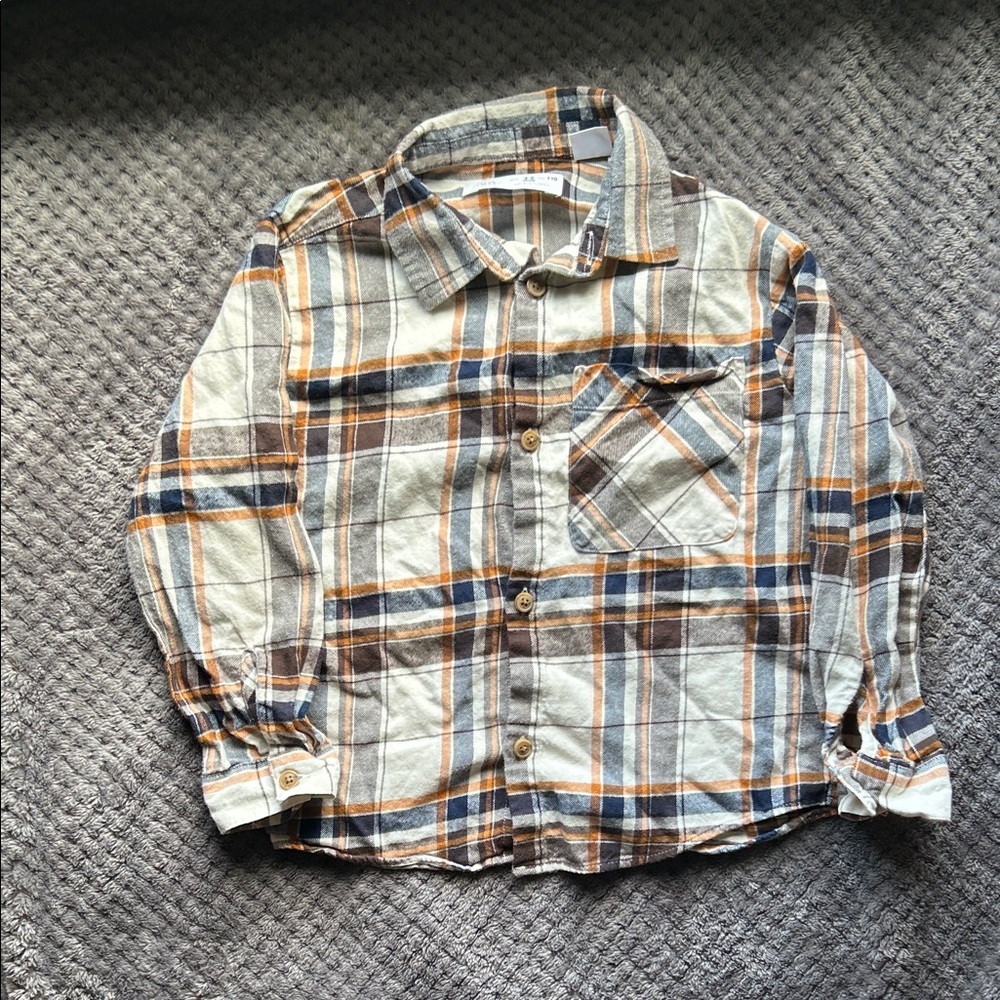 Zara Kids Plaid Shirt in Cream, Brown, and Blue